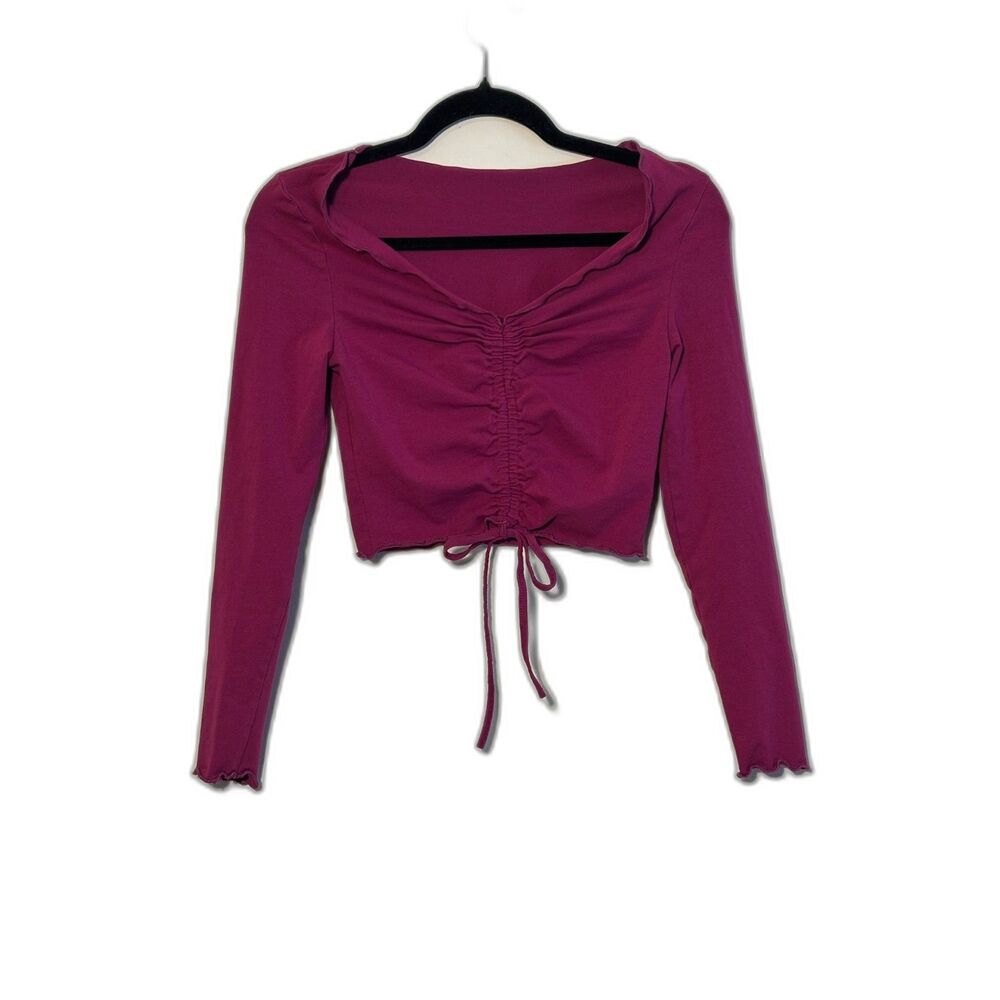SHEIN Magenta Ruched Tie Front Crop Top Long Sleeve Size S